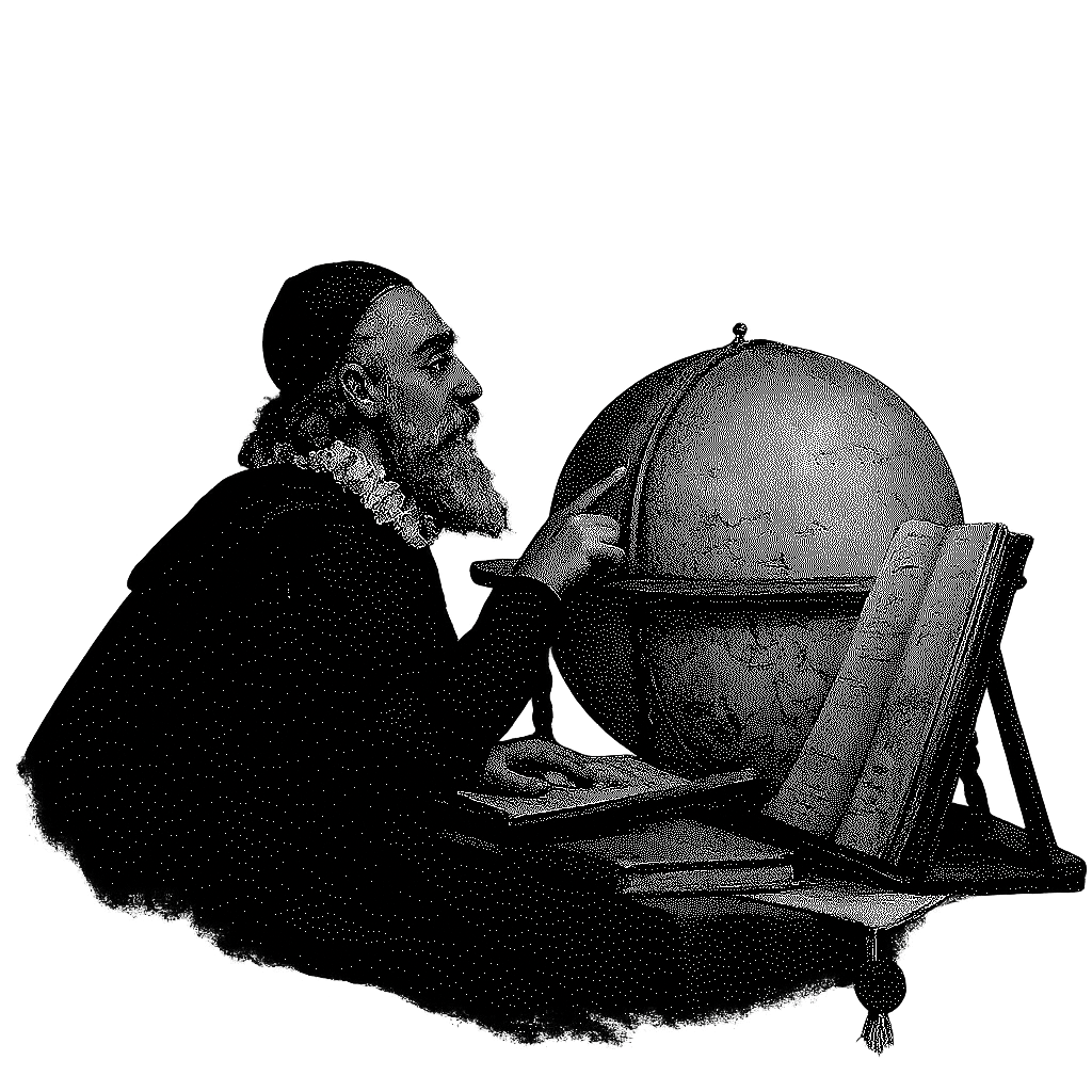 Engraved portrait of Abraham Ortelius seated beside a terrestrial globe.